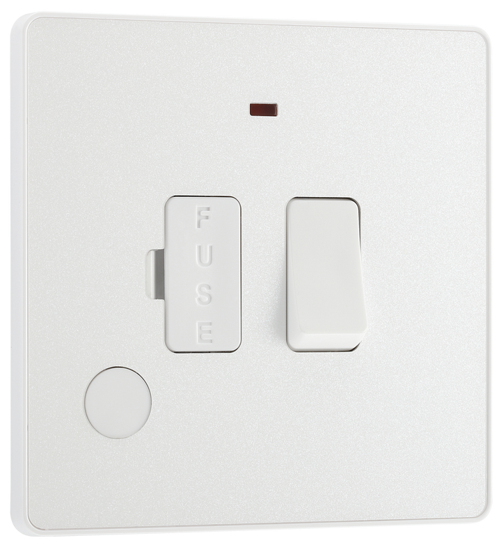 PCDCL52W Front - This Evolve pearlescent white 13A fused and switched connection unit from British General with power indicator provides an outlet from the mains containing the fuse, ideal for spur circuits and hardwired appliances.