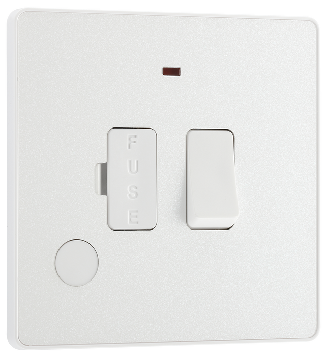 PCDCL52W Front - This Evolve pearlescent white 13A fused and switched connection unit from British General with power indicator provides an outlet from the mains containing the fuse, ideal for spur circuits and hardwired appliances.