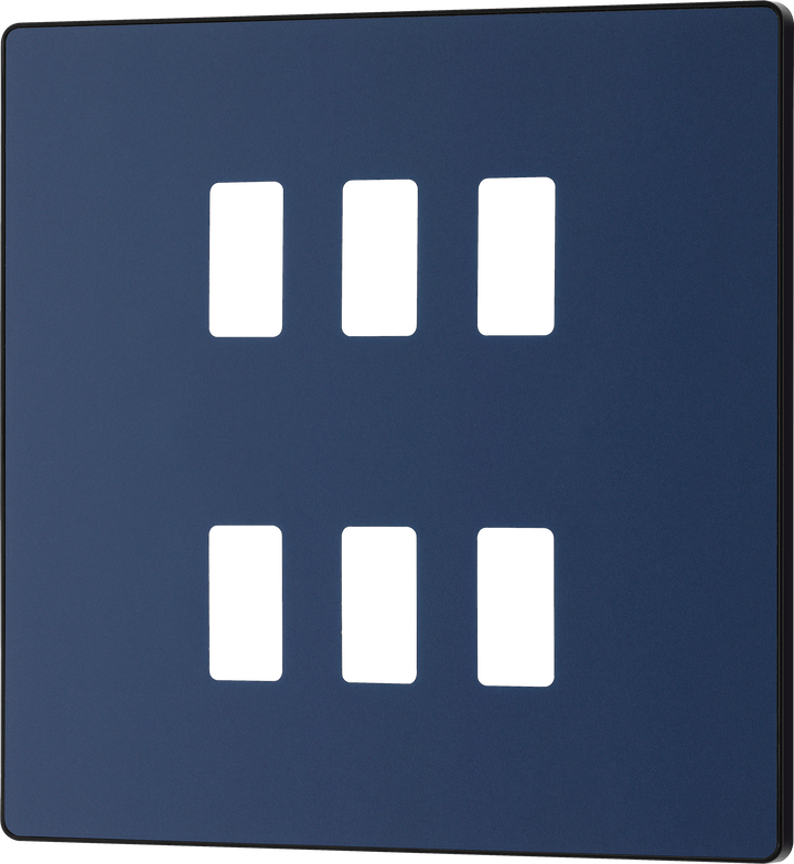 RPCDDB6B Front - The Grid modular range from British General allows you to build your own module configuration with a variety of combinations and finishes. This matt blue finish Evolve front plate clips on for a seamless finish, and can accommodate 6 Grid modules - ideal for commercial applications.