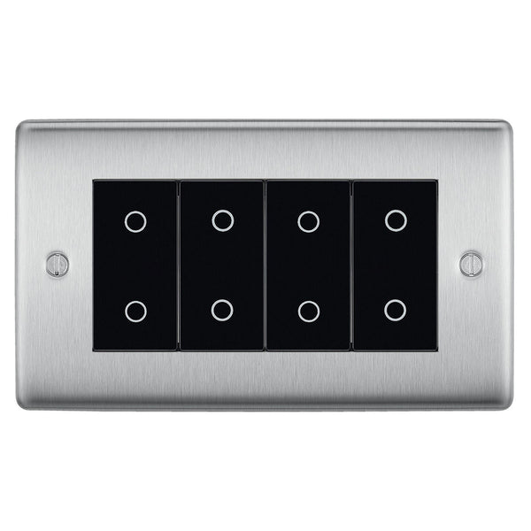 BG Nexus Brushed Steel Quad Secondary Touch Dimmer Switch Black Inserts NBSTDS4B