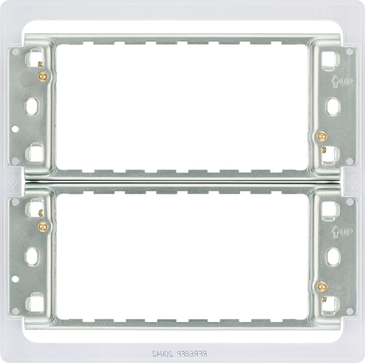 RFR68FP Front - The Grid modular range from British General allows you to build your own module configuration with a variety of combinations and finishes. This universal frame is suitable for installation of Grid screwless flatplates that fit 6 or 8 Grid modules. This frame has a fixed integrated plastic gasket to protect metal edges …