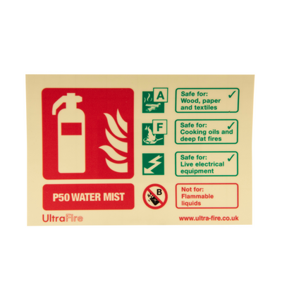 Extinguishers & Equipment: Photoluminescent P50 Water Mist Fire Extinguisher Signs Self-Adhesive 2ltr A+F (and Electrical) / Portrait (200x75mm) by UltraFire (Safelincs-CSPW2SP)