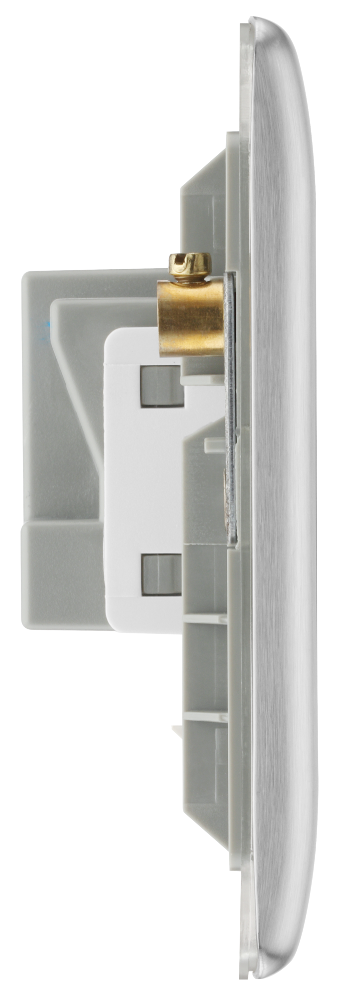 NBS24W Side - This brushed steel finish 13A double unswitched socket from British General has a sleek and slim profile with softly rounded edges and an anti-fingerprint lacquer for a luxurious finish. This socket has been designed with angled in line colour coded terminals and backed out captive screws for ease of installation.