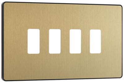 BG RPCDSB4B Evolve Grid Satin Brass 4 Module Rectangular Front Plate - Black Trim