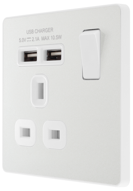 PCDCL21U2W Side - This Evolve pearlescent white 13A single power socket from British General comes with two USB charging ports, allowing you to plug in an electrical device and charge mobile devices simultaneously without having to sacrifice a power socket.