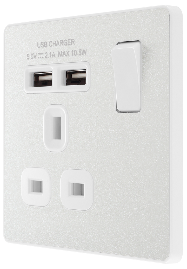  PCDCL21U2W Side - This Evolve pearlescent white 13A single power socket from British General comes with two USB charging ports, allowing you to plug in an electrical device and charge mobile devices simultaneously without having to sacrifice a power socket.