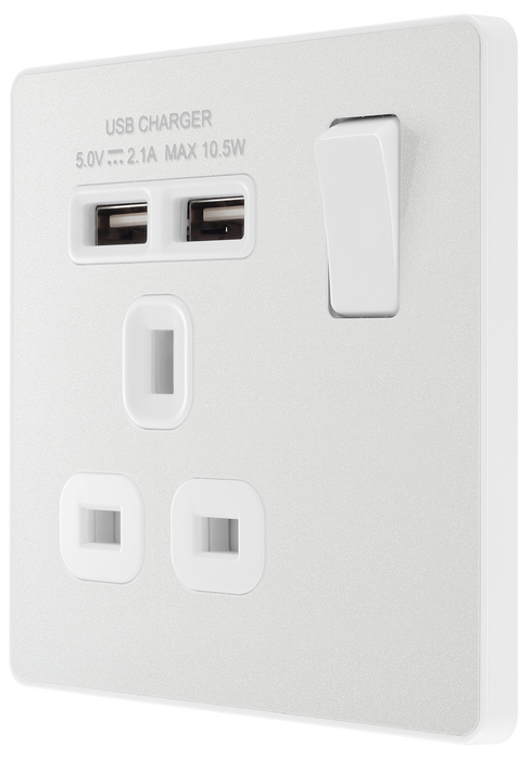  PCDCL21U2W Side - This Evolve pearlescent white 13A single power socket from British General comes with two USB charging ports, allowing you to plug in an electrical device and charge mobile devices simultaneously without having to sacrifice a power socket.
