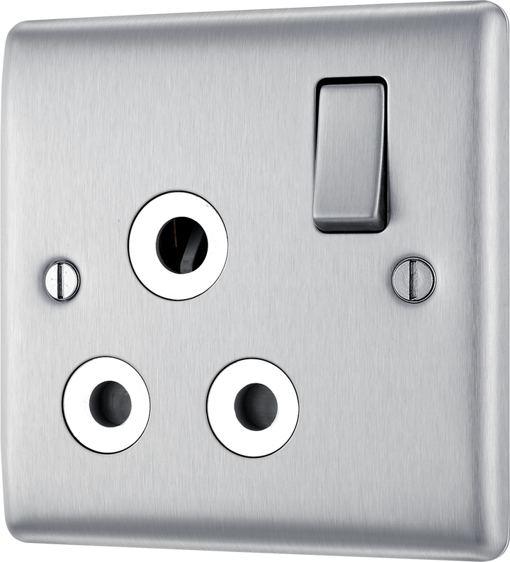 NBS99W Front - This 15A round pin switched socket from British General has a brushed steel finish with an anti-fingerprint lacquer and a sleek and slim profile with softly rounded edges to add a touch of luxury to your decor. 