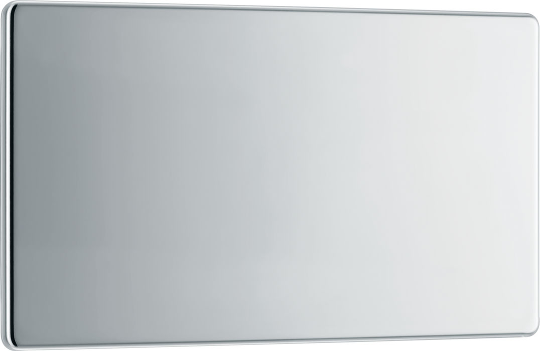  FPC95 Front - This screwless polished chrome double blank plate from British General is ideal for covering unused electrical connections and has a slim clip-on/off front plate for a luxurious finish
