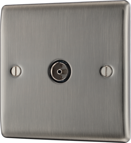 NBI60 Front - This single coaxial socket from British General can be used for TV or FM aerial connections. This socket has a premium brushed iridium finish a sleek and slim profile and softly rounded edges to add a touch of luxury to your decor.