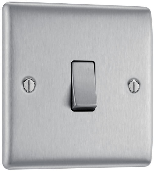 Nexus Metal Brushed Steel Switch Plate, BG Electrical NBS13 Intermediate Light Switch, Stainless Steel 1 Gang Switch, Sleek and Low-Profile Design, Top Quality 10A 10AX Switch, No Visible Plastic Surrounding the Switch, Suitable for Staircase Circuits, Easy Retrofit Installation in 16mm Metal Wall Box, Color Coded Fixing Screws Included, Moisture-Controlling Gasket for Plastered Walls, 25-Year Guarantee from BG Electrical, British General Electrical Single Intermediate Switch