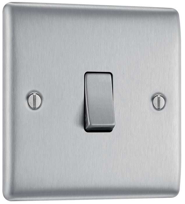 Nexus Metal Brushed Steel Switch Plate, BG Electrical NBS13 Intermediate Light Switch, Stainless Steel 1 Gang Switch, Sleek and Low-Profile Design, Top Quality 10A 10AX Switch, No Visible Plastic Surrounding the Switch, Suitable for Staircase Circuits, Easy Retrofit Installation in 16mm Metal Wall Box, Color Coded Fixing Screws Included, Moisture-Controlling Gasket for Plastered Walls, 25-Year Guarantee from BG Electrical, British General Electrical Single Intermediate Switch