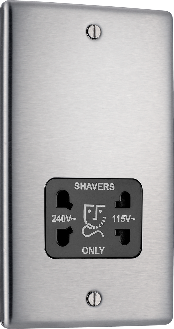 BG NBS20B Metal Brushed Steel 115-230V Dual Voltage Shaver Socket - Black Insert