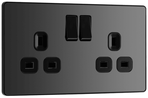 PCDBC22B Front - This Evolve Black Chrome 13A double switched socket from British General has been designed with angled in line colour coded terminals and backed out captive screws for ease of installation, and fits a 25mm back box making it an ideal retro-fit replacement for existing sockets.