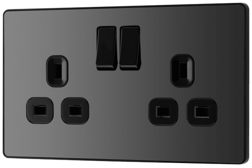 PCDBC22B Front - This Evolve Black Chrome 13A double switched socket from British General has been designed with angled in line colour coded terminals and backed out captive screws for ease of installation, and fits a 25mm back box making it an ideal retro-fit replacement for existing sockets.