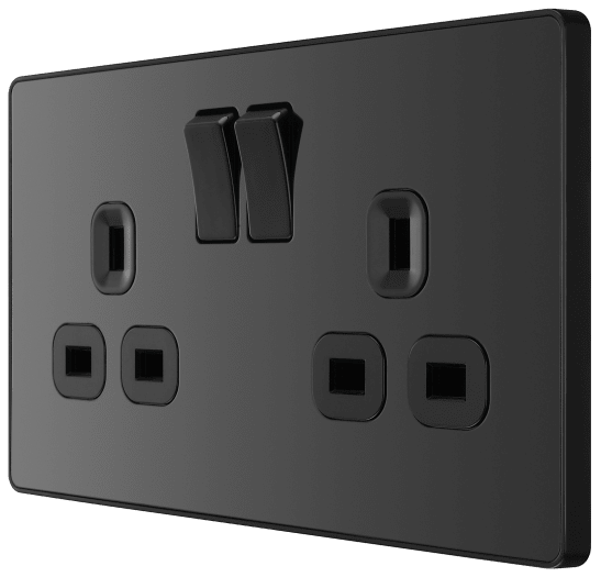 BG Evolve PCDBC22B Black Chrome 2 Gang 13A Switched Socket Outlet - Black Insert