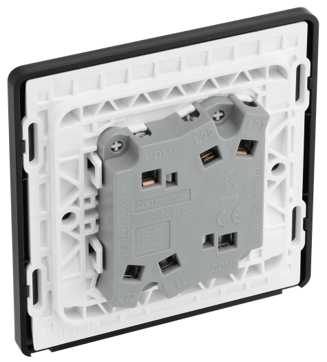 PCDBC42B Back - This Evolve Black Chrome 20A 16AX double light switch from British General can operate 2 different lights, whilst the 2 way switching allows a second switch to be added to the circuit to operate the same light from another location (e.g. at the top and bottom of the stairs).