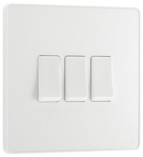 PCDCL43W Front - This Evolve pearlescent white 20A 16AX triple light switch from British General can operate 3 different lights, whilst the 2 way switching allows a second switch to be added to the circuit to operate the same light from another location (e.g. at the top and bottom of the stairs).