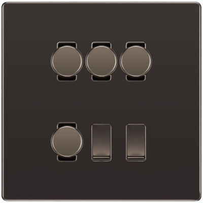 BG Screwless Black Nickel 6 Gang Switch 4x Trailing Edge LED Dimmer 2x 2Way Custom Grid Switch by British General (BG-SCRL-BN-6G-CUSTOM-4x-Dimmer-2x-2WAY)