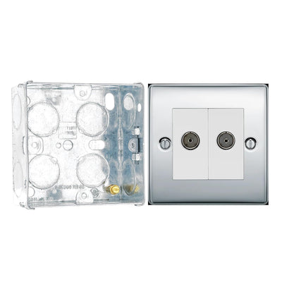 BG Nexus Polished Chrome 2 Gang Isolated Co-Axial Socket NPC63 with 35mm Steel Back Box