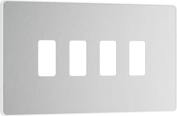 RPCDBS4W Front - The Grid modular range from British General allows you to build your own module configuration with a variety of combinations and finishes. This brushed steel finish Evolve front plate clips on for a seamless finish, and can accommodate 4 Grid modules - ideal for switches and other domestic applications.