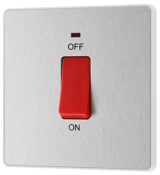 PCDBS74W Front - This Evolve Brushed Steel 45A double pole switch with indicator from British General is ideal for use with cookers and ovens.