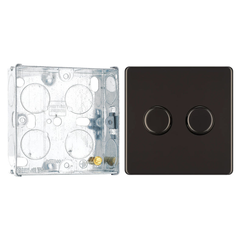 BG Screwless Black Nickel 200W 2 Way Double Trailing Edge Dimmer Switch FBN82 with 25mm Steel Back Box