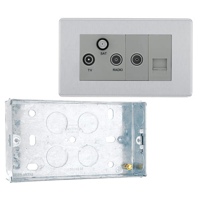 BG Screwless Brushed Steel Triplex TV/FM/Sat Socket + Return & Tel. FBS68 with 25mm Steel Back Box by British General (BG-FBS68+HGS04)
