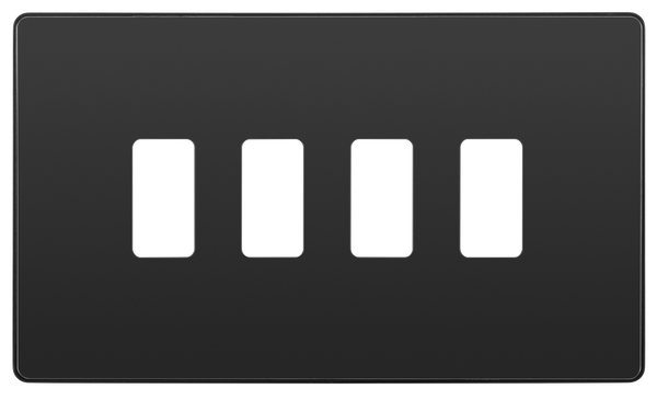 RPCDBC4B Front - The Grid modular range from British General allows you to build your own module configuration with a variety of combinations and finishes. This black chrome finish Evolve front plate clips on for a seamless finish, and can accommodate 4 Grid modules - ideal for switches and other domestic applications.