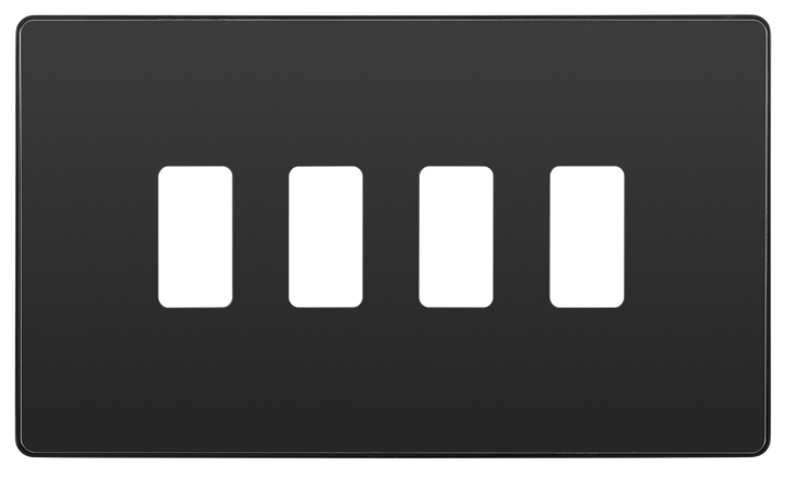 RPCDBC4B Front - The Grid modular range from British General allows you to build your own module configuration with a variety of combinations and finishes. This black chrome finish Evolve front plate clips on for a seamless finish, and can accommodate 4 Grid modules - ideal for switches and other domestic applications.