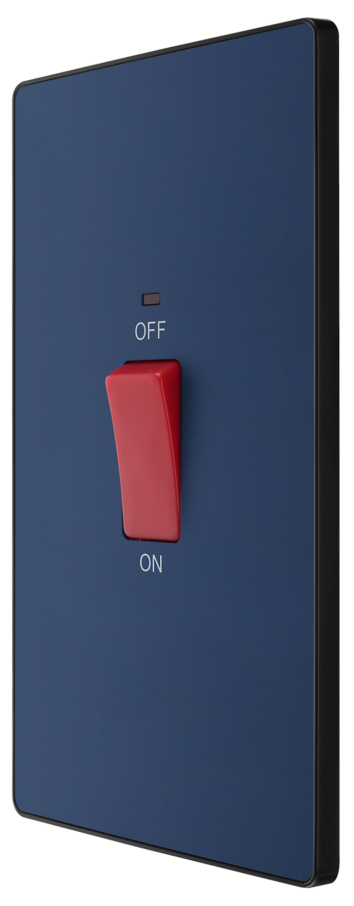 PCDDB72B Side -This Evolve Matt Blue 45A double pole switch with indicator from British General is ideal for use with cookers and has a large mounting plate measuring 146mm high x 86mm wide. This switch has a low profile screwless flat plate that clips on and off, making it ideal for modern interiors.