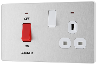 BG PCDBS70W Brushed Steel Evolve 45A 2 Pole Cooker Control Unit 13A Switched Socket - White Insert