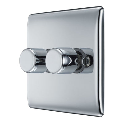 BG Nexus Polished Chrome 2 Gang 200W 2 Way Trailing Edge Push Type Dimmer Switch NPC82 with 35mm Steel Back Box