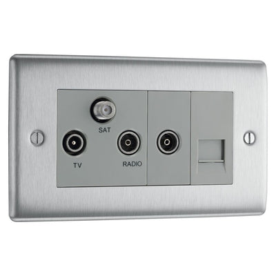 BG Nexus Brushed Steel Triplex TV/FM/Sat Socket + Return & Tel. NBS68 with 35mm Steel Back Box