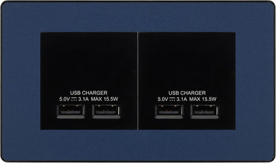 BG Evolve Matt Blue 4-Gang Euro Plate with 2X USB-A Dual Chargers – Black Insert by British General (BG-PCDDBEMR4B+EMUSB3B)
