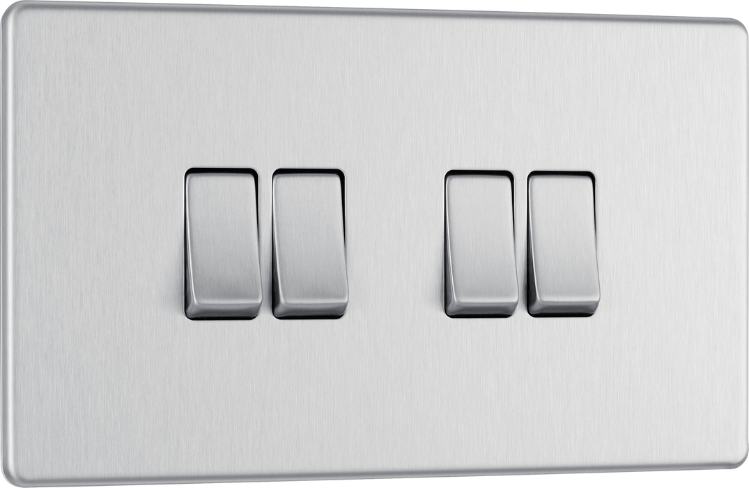 FBS44 Front - This Screwless Flat plate brushed steel finish 20A 16AX quadruple light switch from British General can operate 4 different lights whilst the 2 way switching allows a second switch to be added to the circuit to operate the same light from another location (e.g. at the top and bottom of the stairs).