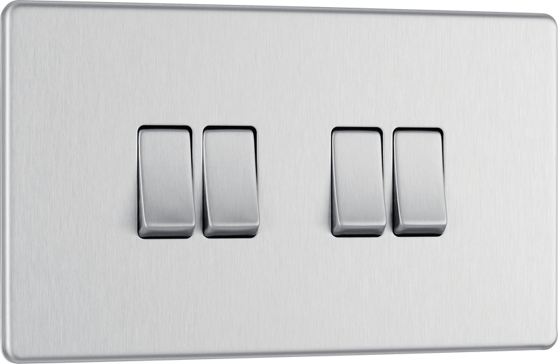BG FBS44 Nexus Screwless Flat-Plate Quad Light Switch Brushed Steel 2 Way 10A
