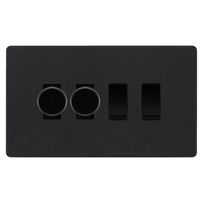 BG Evolve Matt Black 4 Gang Light Switch Grid – 2x Trailing-Edge LED Dimmer, 1x Intermediate, 1x 2-Way Switch by British General (BG-Evolve-MB-4G-2x-Dimmer-1x-INT-1x-2Way)