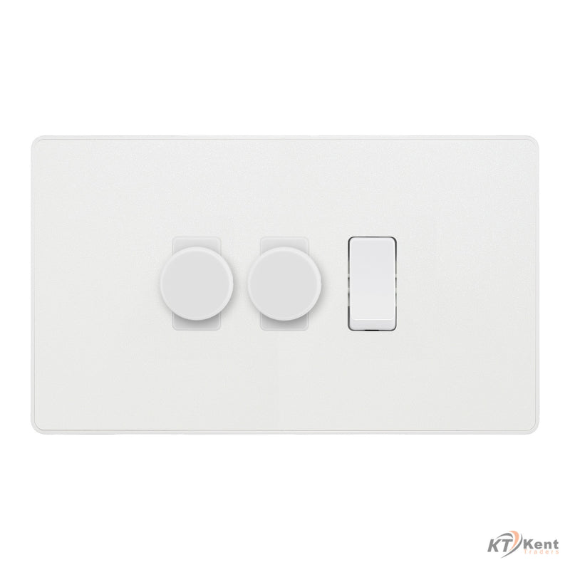 BG Evolve Pearlescent White 3 Gang Light Switch 2x Trailing Edge LED Dimmer 1x 2 Way Custom Switch