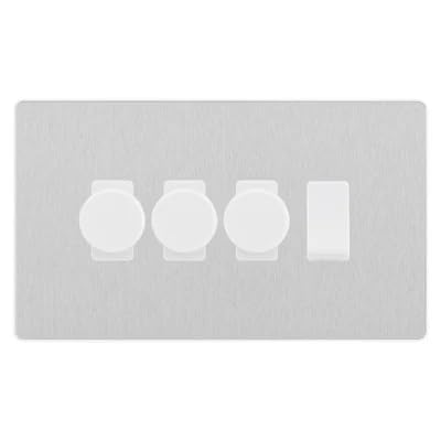 BG Evolve Brushed Steel 4 Gang Switch 3x Trailing Edge LED Dimmer 1x Intermediate Custom Grid Switch by British General (BG-Evolve-BS-4G-CUSTOM-3x-Dimmer-1x-INT)