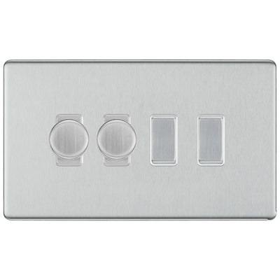 BG Brushed Steel Screwless Flat Plate 4 Gang Light Switch 2x Trailing Edge LED Dimmer 2x 2 Way Custom Switch