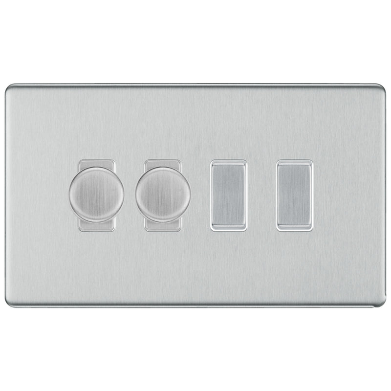 BG Brushed Steel Screwless Flat Plate 4 Gang Light Switch 2x Trailing Edge LED Dimmer 2x 2 Way Custom Switch