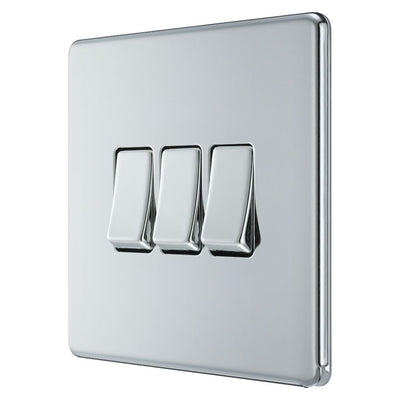 BG Screwless Polished Chrome 20A 16AX 2 Way Triple Light Switch FPC43 with 25mm Steel Back Box