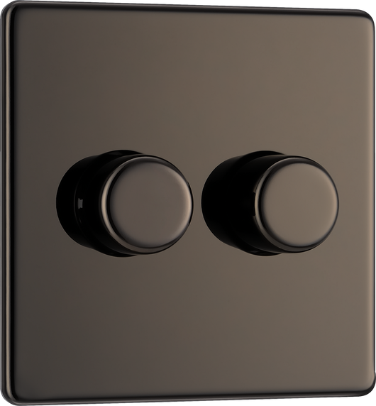 FBN82 Front - This trailing edge double dimmer switch from British General allows you to control your light levels and set the mood. The intelligent electronic circuit monitors the connected load and provides a soft-start with protection against thermal, current and voltage overload.