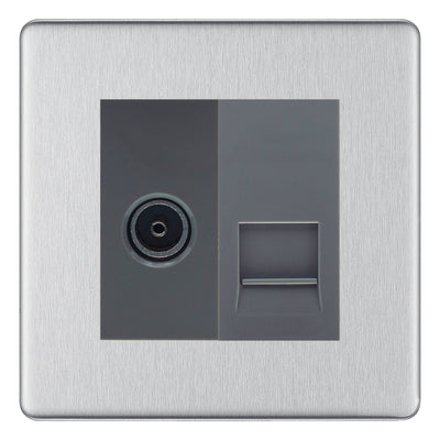 BG Screwless Brushed Steel TV Aerial & BT Telephone Outlet Plate — Grey Insert