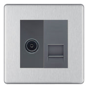 BG Screwless Brushed Steel TV Aerial & BT Telephone Outlet Plate — Grey Insert