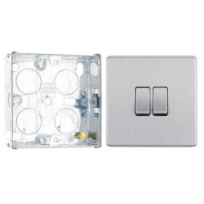 BG Screwless Brushed Steel 20A 16AX 2 Way Double Light Switch FBS42 with 25mm Steel Back Box by British General (BG-FBS42+HGS02)