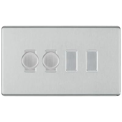 BG Screwless Brushed Steel 4 Gang Switch 2x Trailing Edge LED Dimmer 2x Intermediate Custom Grid Switch by British General (BG-SCRL-BS-4G-CUSTOM-2x-Dimmer-2x-INT)