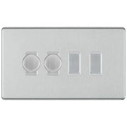 BG Screwless Brushed Steel 4 Gang Switch 2x Trailing Edge LED Dimmer 2x Intermediate Custom Grid Switch by British General (BG-SCRL-BS-4G-CUSTOM-2x-Dimmer-2x-INT)