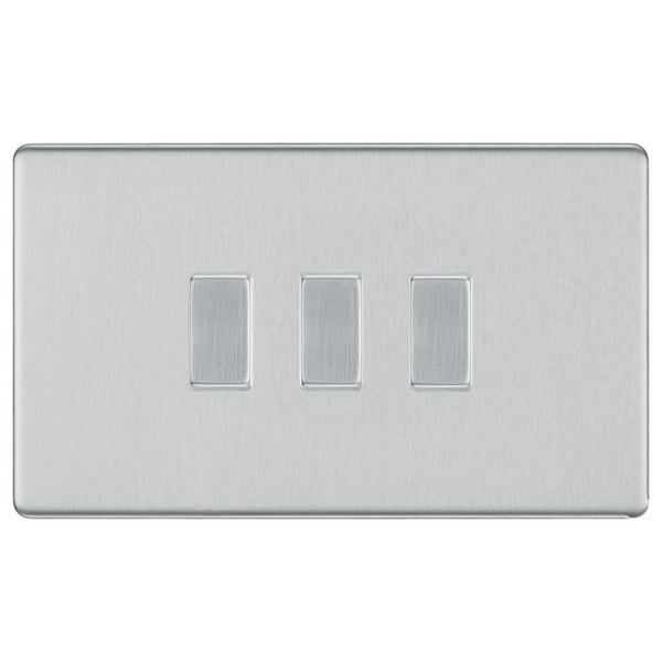 BG Brushed Steel Screwless Flat Plate 3 Gang Light Switch 2x Intermediate 1x 2 Way Custom Switch